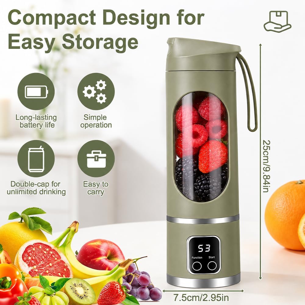 Portable Juicer Blender, 450ml 12 Blades USB Rechargeable Smoothie Maker with Travel Lid for Smoothies Milkshakes Fresh Juices & Iced Drinks, Blender Cup for Home, Gym, Outdoor (Green)