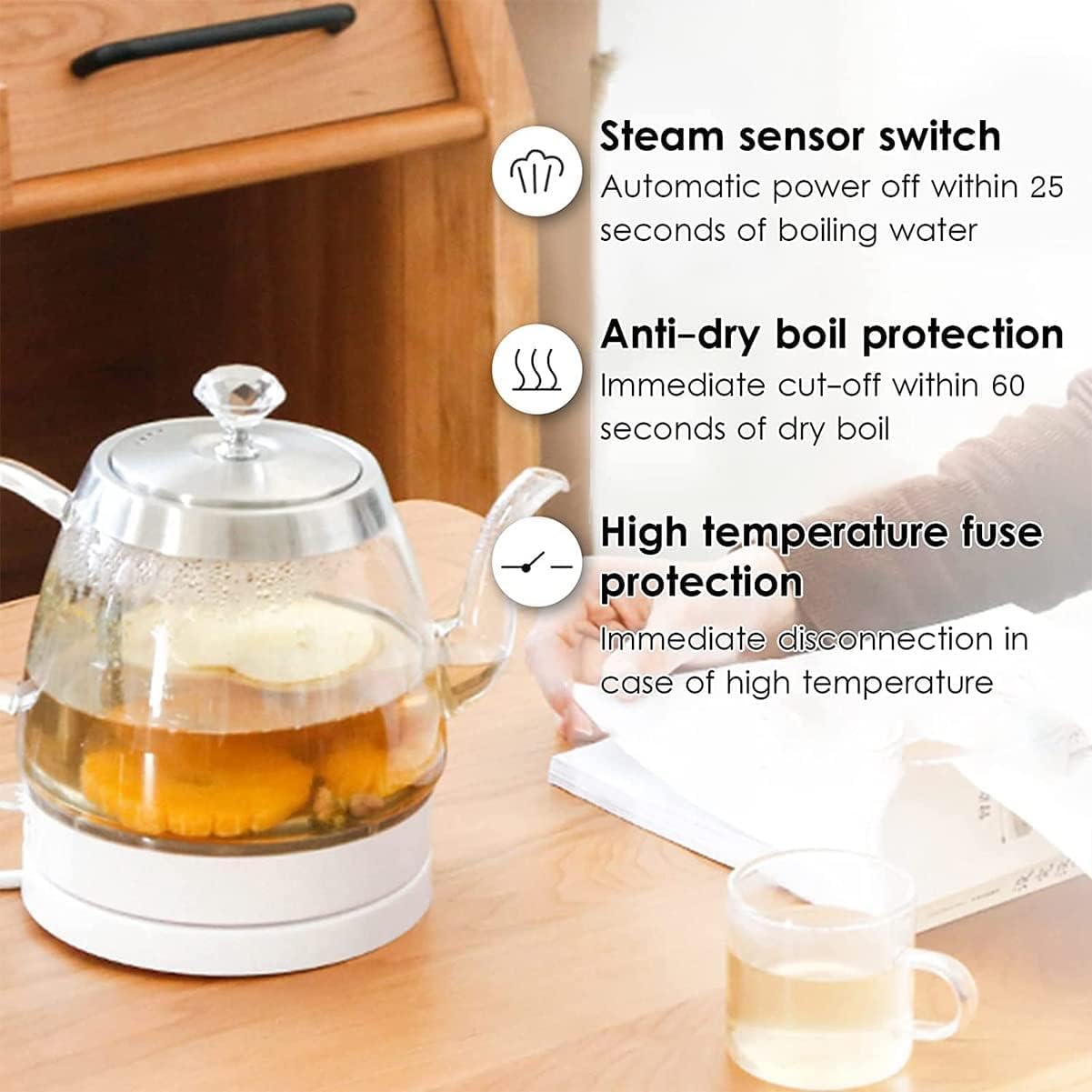 Glass Electric Kettle 1.2L 1500W with Auto Power-Off | Steam Sensor Switch, Anti-Dry Boil Protection, 360° Rotation Base, Blue Light Indicator, Stainless Steel Grade