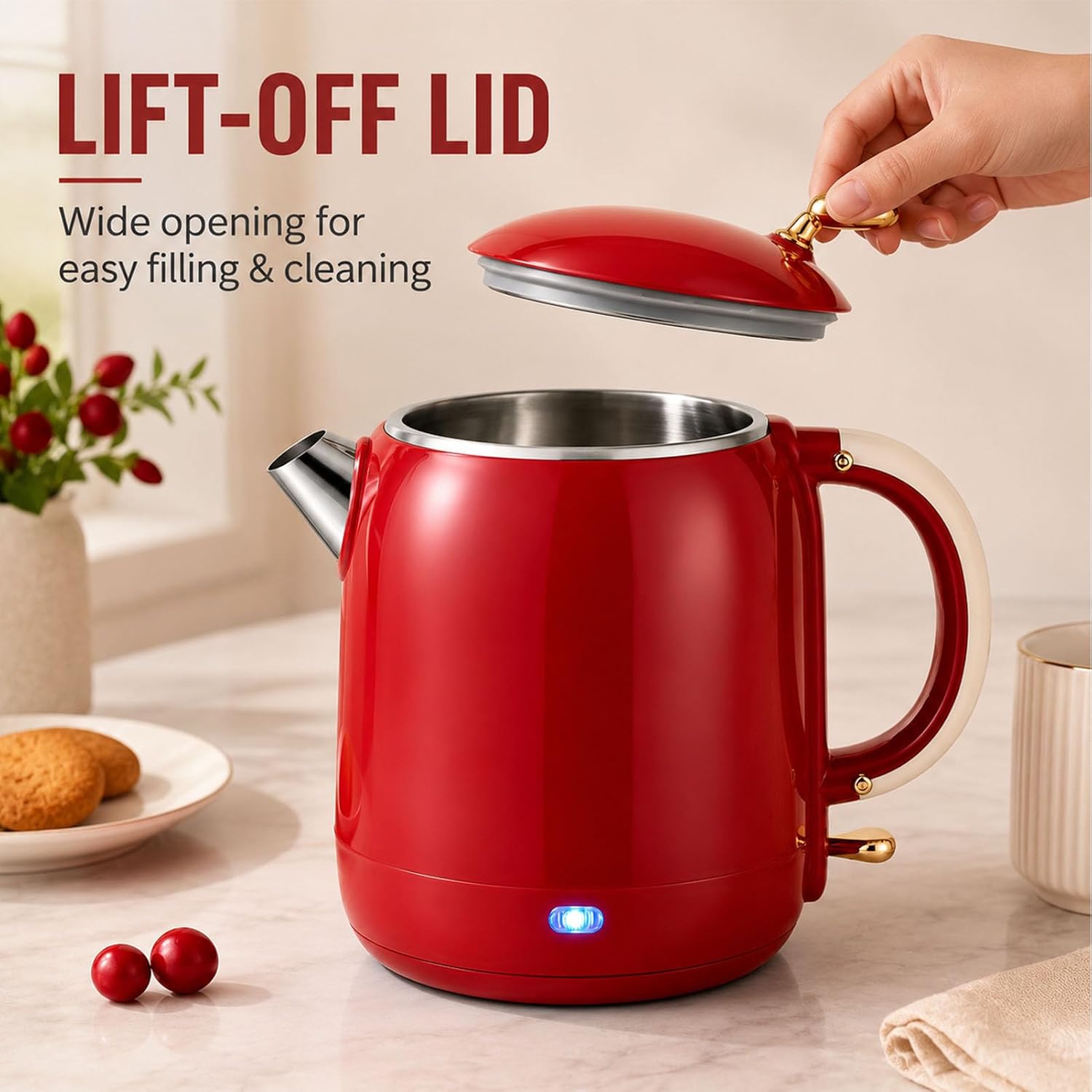 Electric Water Kettle 1L 1355W Stainless Steel Interior Easy Pour Red Red,1L | 304 stainless steel inner liner, lid underside and spout provide durable water contact surfaces for everyday boiling