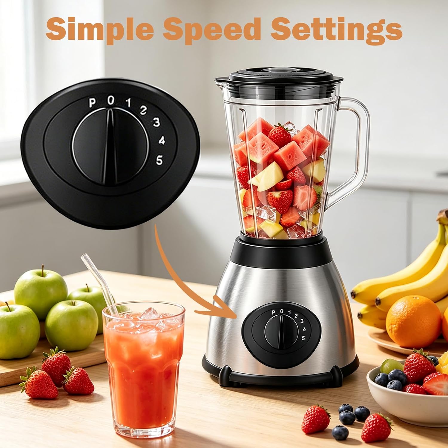 1.5L Electric Blender Smoothie Maker with Grinder 5 Speed UK Plug | Pulse function, Stainless steel blades, Removable jug, Ice crushing, Fruit & spice grinding