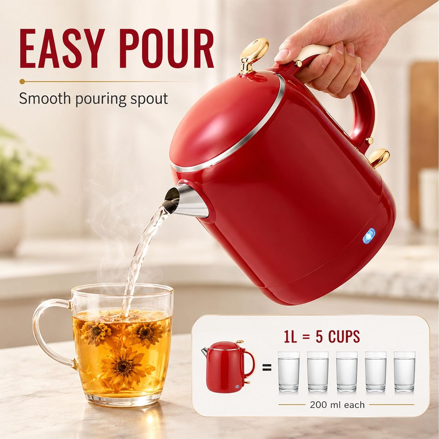 Electric Water Kettle 1L 1355W Stainless Steel Interior Easy Pour Red Red,1L | 304 stainless steel inner liner, lid underside and spout provide durable water contact surfaces for everyday boiling