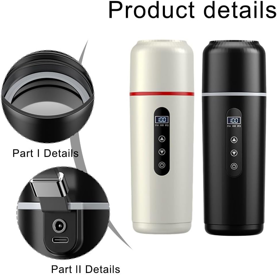 500ml Electric Car Kettle 12V 24V USB LCD(White) | Touch control interface, LCD temp display, 12V/24V/5V compatible, fast boiling, car truck SUV use