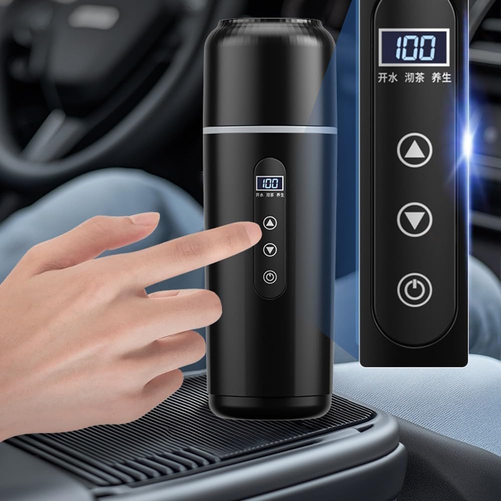 500ml Electric Car Kettle 12V 24V USB LCD(White) | Touch control interface, LCD temp display, 12V/24V/5V compatible, fast boiling, car truck SUV use