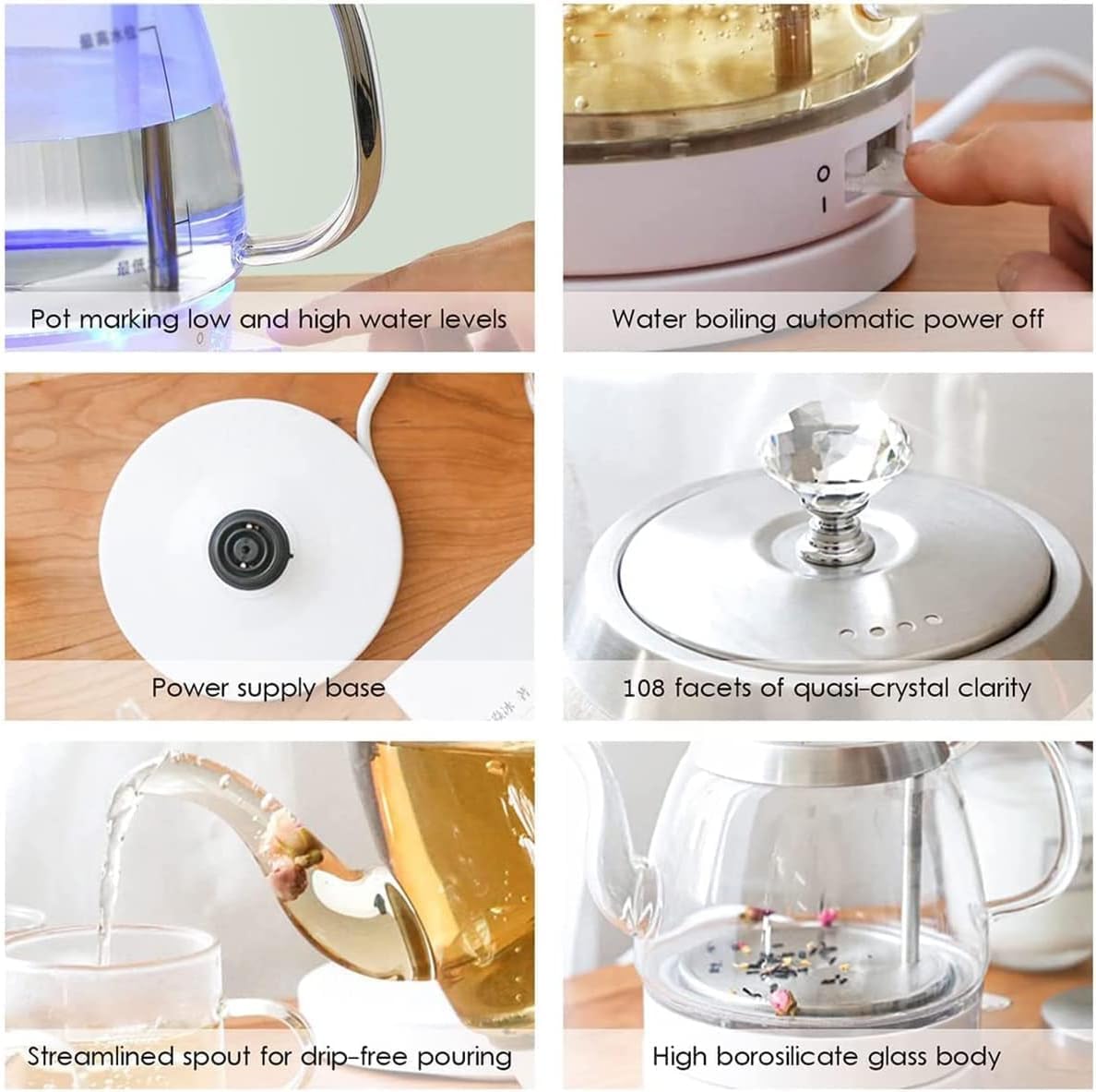 Glass Electric Kettle 1.2L 1500W with Auto Power-Off | Steam Sensor Switch, Anti-Dry Boil Protection, 360° Rotation Base, Blue Light Indicator, Stainless Steel Grade