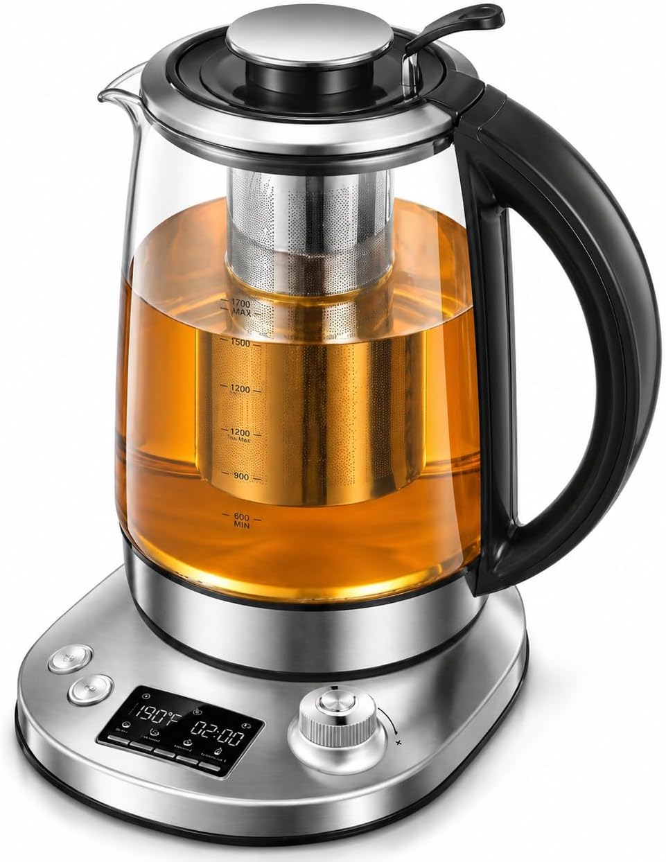 Electric Tea Kettle Borosilicate Glass 1.7L with Infuser | 9 Temperature Presets, 2200W Fast Boiling, 2-Hour Keep Warm, Stainless Steel Base, Digital Display