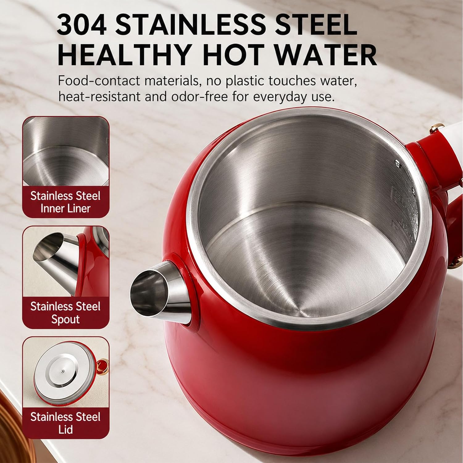 Electric Water Kettle 1L 1355W Stainless Steel Interior Easy Pour Red Red,1L | 304 stainless steel inner liner, lid underside and spout provide durable water contact surfaces for everyday boiling