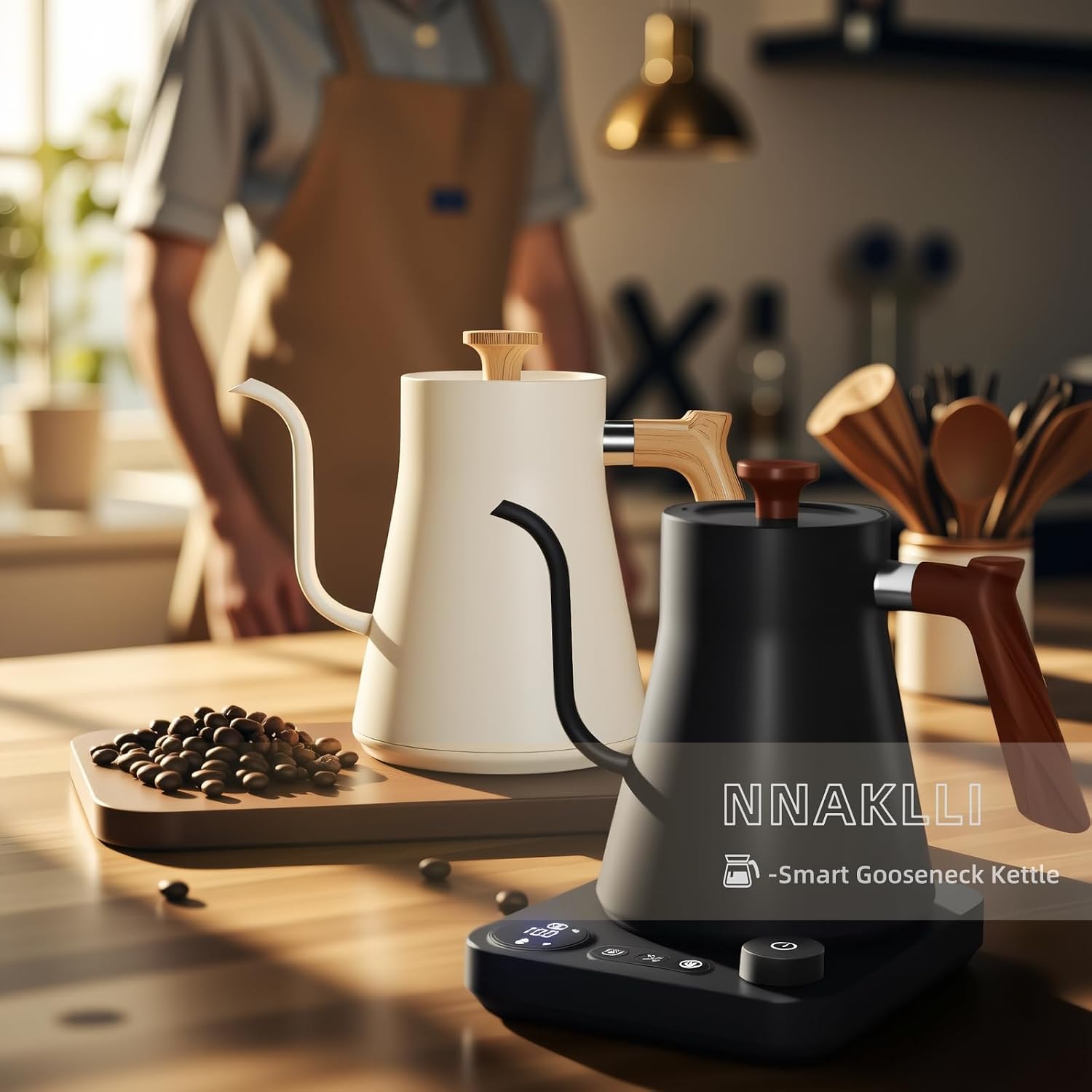 Smart Digital Electric Kettle with Variable Temperature Control, Stainless Steel Inner, 1200W Quick Heating Gooseneck Electric Kettles, Stylish Matte Finish for Coffee & Hot Beverages, 0.9L (Beige)