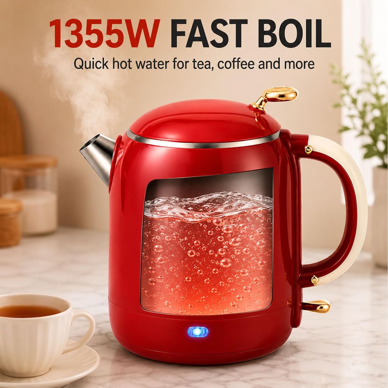 Electric Water Kettle 1L 1355W Stainless Steel Interior Easy Pour Red Red,1L | 304 stainless steel inner liner, lid underside and spout provide durable water contact surfaces for everyday boiling