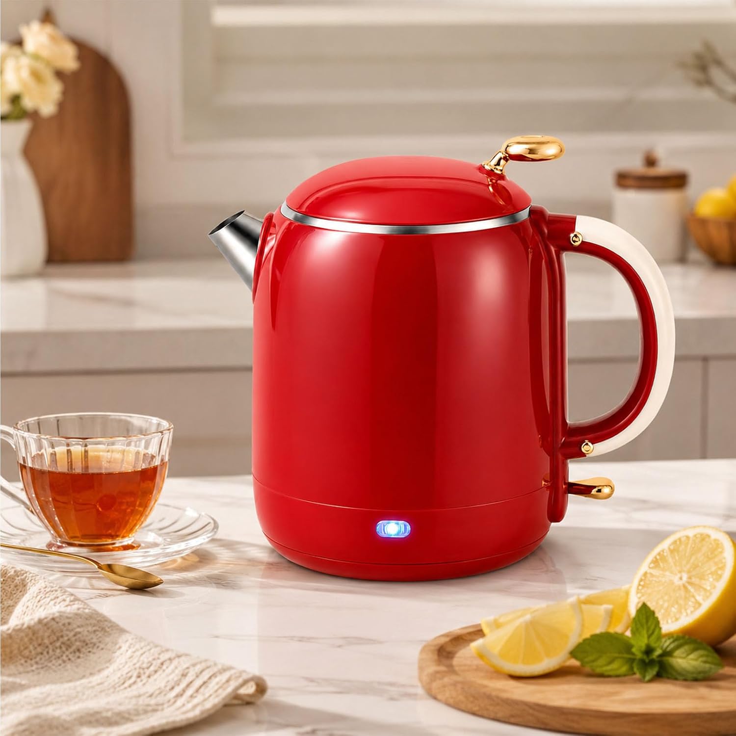 Electric Water Kettle 1L 1355W Stainless Steel Interior Easy Pour Red Red,1L | 304 stainless steel inner liner, lid underside and spout provide durable water contact surfaces for everyday boiling