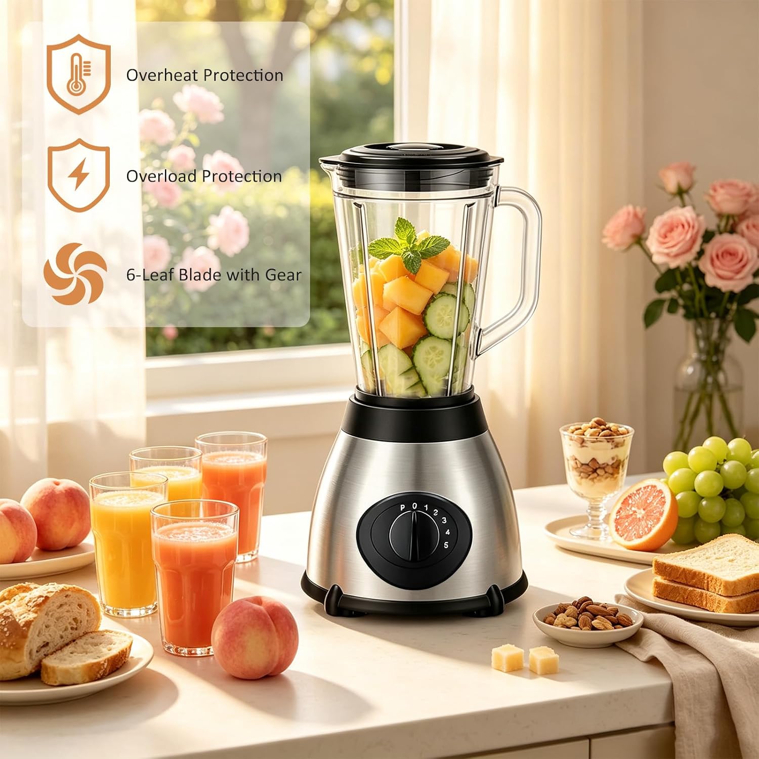 1.5L Electric Blender Smoothie Maker with Grinder 5 Speed UK Plug | Pulse function, Stainless steel blades, Removable jug, Ice crushing, Fruit & spice grinding