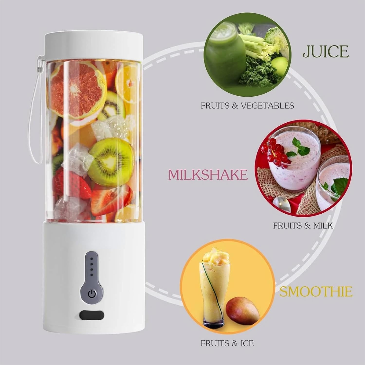 Portable Blender Rechargable, 530ML Personal Size Electric Juicer for Shakes and Smoothies, Fruit Mixer Machine Mini Small Blender Cup for Travel Picnic Office Gym Outdoor, White