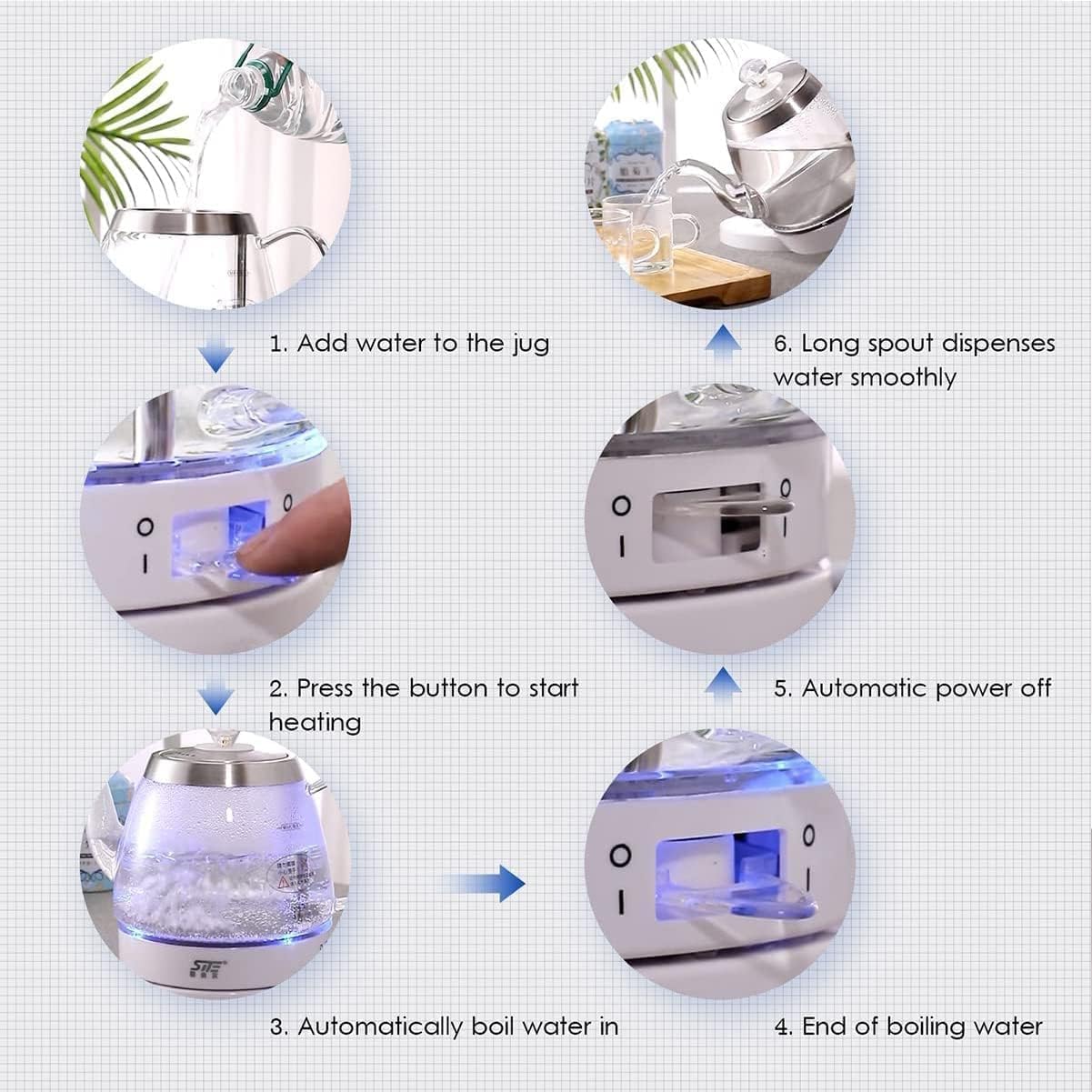 Glass Electric Kettle 1.2L 1500W with Auto Power-Off | Steam Sensor Switch, Anti-Dry Boil Protection, 360° Rotation Base, Blue Light Indicator, Stainless Steel Grade