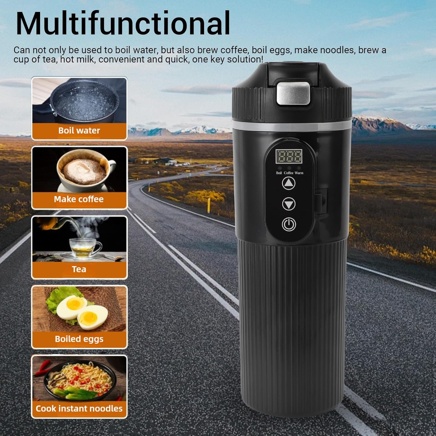 Temperature Display Car Electric Kettle Touchscreen 304 Stainless Steel Heated Travel Mug for On-the-Go 500ML