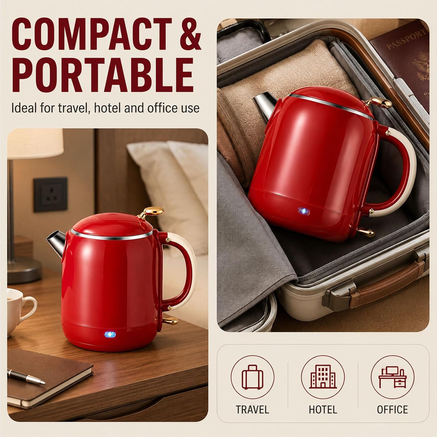 Electric Water Kettle 1L 1355W Stainless Steel Interior Easy Pour Red Red,1L | 304 stainless steel inner liner, lid underside and spout provide durable water contact surfaces for everyday boiling